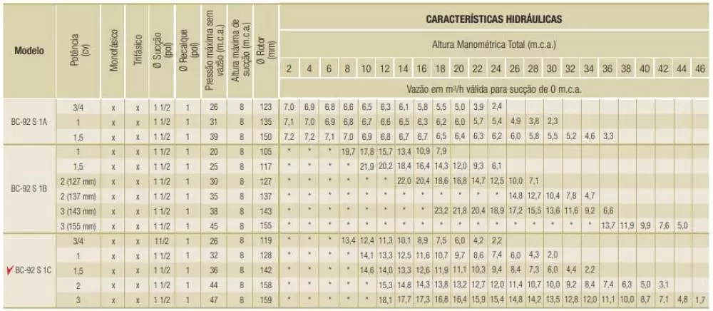 Bomba Monoestágio Schneider BC-92S 1C 1,5 CV Trifásica 220V/380V